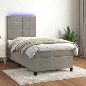 Κρεβάτι Boxspring με Στρώμα &amp; LED Αν.Γκρι 90x190 εκ. Βελούδινο