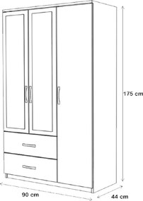 Stewehome Ντουλάπα με καθρέφτη 3 θυρών 2 συρταριών 90x44x44 cm