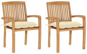 Καρέκλες Κήπου 2 τεμ. από Μασίφ Ξύλο Teak με Λευκά Κρεμ Μαξιλάρια