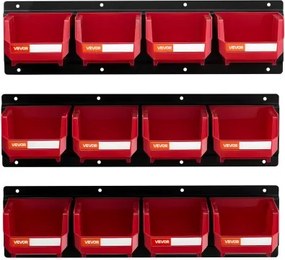VEVOR Wall Mounted Storage Bins, 12 Plastic Bins &amp; 3 Metal Rails, Plastic Hanging Stackable Storage Bin for Screws, Nuts, Bolts, Nails, Hardware Tool Organizer for Workshop, Craft Room, Garage, Red