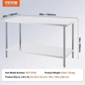 VEVOR Stainless Steel Work Prep Table Commercial Worktable Food Prep 30x60x34in