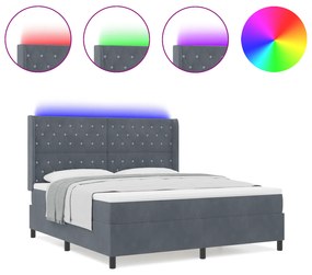 vidaXL Κρεβάτι Box Spring με Στρώμα & LED Γκρι Σκούρο 180x200 εκ Βελούδο