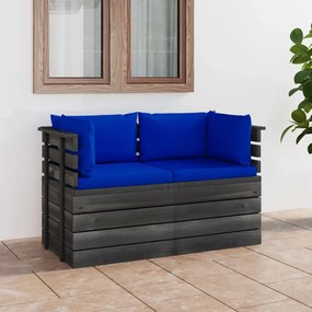 Καναπές Κήπου Παλέτας Διθέσιος Μασίφ Ξύλο Πεύκου με Μαξιλάρια - Μπλε