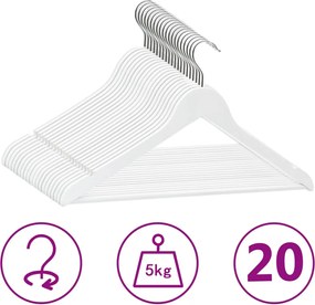 vidaXL Κρεμάστρες Ρούχων Σετ 20 τεμ. Αντιολισθητικές Λευκό Σκληρό Ξύλο
