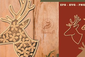 Σετ των 2 Intra απο ξύλο plywood 3mm-4mm πάχος - Flowers Deer 3D Lasercut Decoration Δίασταση 20x20 cm INTRAFABR-111526922