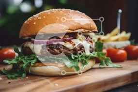 Intra Συλλεκτικό Ξύλινο Παζλ Plywood 4mm - Νόστιμο Cheeseburger με φρέσκα λαχανικά σε ξύλινη σανίδα Σε Ξύλινο Κουτί - Διαστάσεις: 10x10 cm – 25 κομμάτια