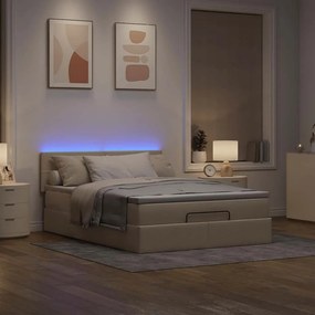 vidaXL Οθωμανικό κρεβάτι με στρώμα &amp; LEDs Cream 140x200 cm Ύφασμα
