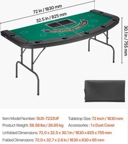 VEVOR 1828.8 mm Folding Poker Table Foldable 7 Player Casino Texas Holdem Table
