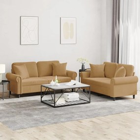 vidaXL Σετ Σαλονιού 2 Τεμαχίων Καφέ Βελούδινο με Μαξιλάρια