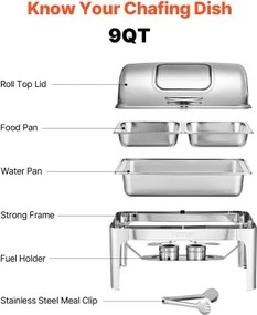 VEVOR 9Qt 1 Pack Rectangle Roll Top Chafing Dish Set with 2 Half Size Pans