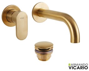 Armando Vicario Slim Brushed Gold Μπαταρία Νιπτήρος Εντοιχισμού 2 Οπών+Βαλβίδα clic-clac