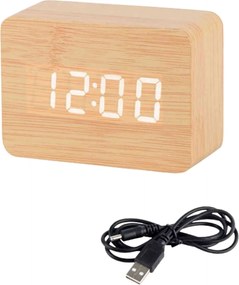 Επιτραπέζιο Ψηφιακό Ξύλινο Ρολόι με οθόνη LED, Ξυπνητήρι, Θερμόμετρο - Μπεζ