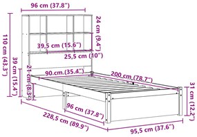 Κρεβάτι Βιβλιοθήκη Χωρίς Στρώμα 90x200 εκ Μασίφ Ξύλο Πεύκου 3322388