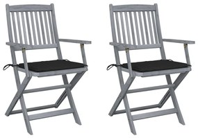 Καρέκλες Εξωτ. Χώρου Πτυσσόμενες 2 τεμ Ξύλο Ακακίας &amp; Μαξιλάρια - Μαύρο