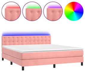 vidaXL Κρεβάτι Boxspring με Στρώμα & LED Ροζ 160x200 εκ. Βελούδινο