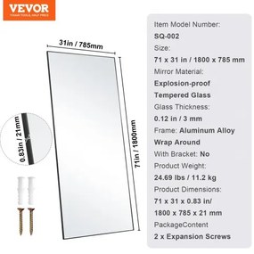 VEVOR Full Length Floor Mirror 71&#039;&#039; x 31&#039;&#039; Free Standing Wall Mounted Tempered