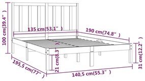 vidaXL Πλαίσιο Κρεβατιού Γκρι 135 x 190 εκ. Μασίφ Ξύλο Πεύκου Double