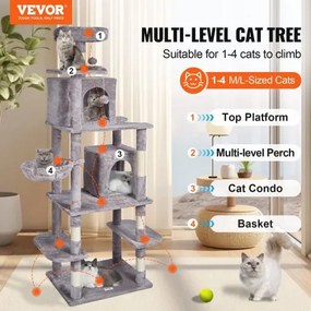 VEVOR Cat Tree 68.5&quot; Cat Tower with Cat Condos Sisal Scratching Post Light Grey