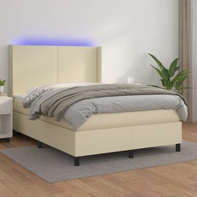 vidaXL Κρεβάτι Boxspring με Στρώμα &amp; LED Κρεμ 140x190 εκ. Συνθ. Δέρμα
