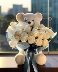 Intra Συλλεκτικό Ξύλινο Παζλ Plywood 4mm - Λευκό αρκουδάκι με λευκά τριαντάφυλλα Σε Ξύλινο Κουτί - Διαστάσεις: 10x10 cm – 25 κομμάτια