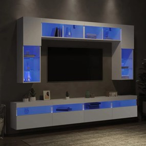 vidaXL Ντουλάπια Τηλεόρασης Τοίχου Σετ 8 τεμ. με Φώτα LED Λευκά