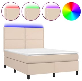 Κρεβάτι Boxspring Στρώμα&amp;LED Καπουτσίνο 140x190 εκ. Συνθ. Δέρμα - Καφέ