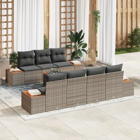 vidaXL Σετ 8 κομματιών καναπέ κήπου με μαξιλάρια γκρι πολυ ράταν ακακία