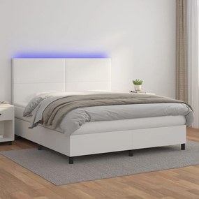 Κρεβάτι Boxspring με Στρώμα &amp; LED Λευκό 160x200 εκ. Συνθ. Δέρμα