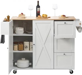 VEVOR Kitchen Island Cart with Solid Wood Top, 45.3&quot; Width Mobile Carts with Storage Cabinet, Rolling Kitchen Table with Spice Rack, Towel Rack, Drop Leaf and Drawer, Portable Islands on Wheels, White