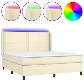 Κρεβάτι Boxspring με Στρώμα &amp; LED Κρεμ 160x200 εκ. Συνθ. Δέρμα - Κρεμ