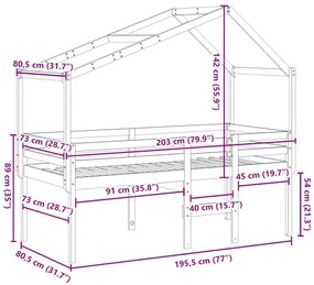 Κρεβάτι Υπερυψωμένο με Οροφή Καφέ 75x190 εκ. Μασίφ Ξύλο Πεύκου - Καφέ