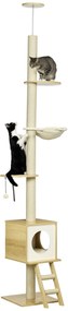 PawHut Δέντρο για γάτες, ύψους οροφής, σπίτι για γάτες, δύο πλατφόρμες, αιώρα, προστασία από ανατροπή, ανοιχτό καφέ+μπεζ, 40 x 40 x 260 cm