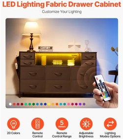 VEVOR 10 Fabric Drawer Dresser with Open Storage Shelf LED Lights &amp; Outlet Black