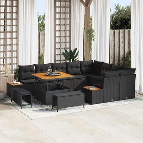 vidaXL Σετ Καναπέ Κήπου 12 Τεμαχίων με Μαξιλάρια - Μαύρη Πολυαξονική Ψάθα Ακακίας
