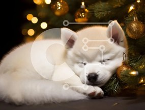 Intra Συλλεκτικό Ξύλινο Παζλ Plywood  4mm - Sleeping Puppy δίπλα στο χριστουγεννιάτικο δέντρο Σε Ξύλινο Κουτί - Διαστάσεις: 10x10 cm – 25 κομμάτια