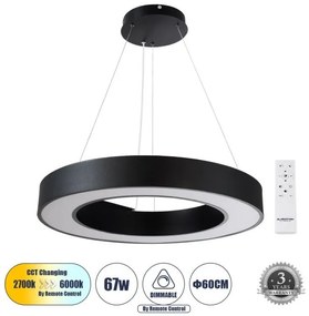 Κρεμαστό Φωτιστικό Δαχτυλίδι CCT 67W Φ60cm Αλουμίνιο Globostar-61194-Μαύρο 61194