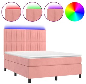 vidaXL Κρεβάτι Boxspring με Στρώμα & LED Ροζ 140x200 εκ. Βελούδινο