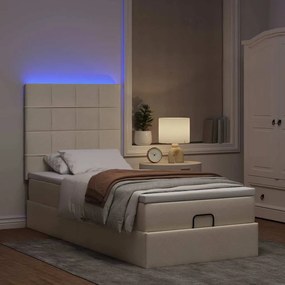 vidaXL Οθωμανικό κρεβάτι με στρώμα & LEDs Cream 90x200 cm Ύφασμα