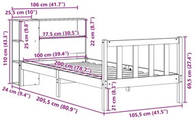 Κρεβάτι Βιβλιοθήκη Χωρίς Στρώμα 100x200 εκ Μασίφ Ξύλο Πεύκου - Καφέ