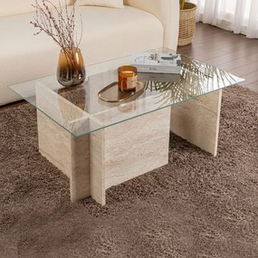 Megapap Τραπεζάκι Σαλονιού Vetrino Γυάλινο Travertine 105x65x40εκ.