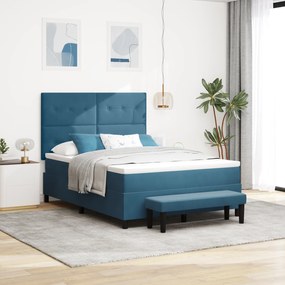 vidaXL Κρεβάτι Box Spring με Στρώμα & Παγκάκι Σκούρο Μπλε 160x200 εκ Βελούδο