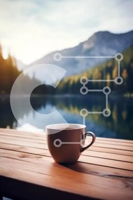 Σετ των 2 Intra Συλλεκτικό Ξύλινο Παζλ Plywood  4mm - Φλιτζάνι καφέ δίπλα σε μια όμορφη λίμνη με βουνά Σε Ξύλινο Κουτί - Διαστάσεις: 10x10 cm – 25 κομμάτια