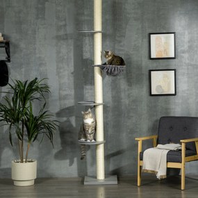 PawHut Ορθοστάτης για γάτες με αιώρα, με ελατήριο οροφής, ύψος οροφής, 40 εκ. x 40 εκ. x 250 εκ., Γκρι + Κρεμ