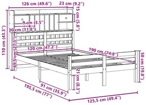Κρεβάτι Βιβλιοθήκη Χωρίς Στρώμα 120x190 εκ Μασίφ Ξύλο Πεύκου - Καφέ
