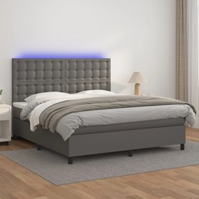 Κρεβάτι Boxspring με Στρώμα &amp; LED Γκρι 160x200 εκ. Συνθ. Δέρμα - Γκρι