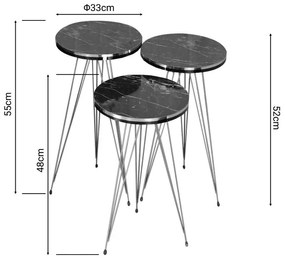 Βοηθητικά τραπέζια Wakmi σετ 3τεμ μαύρο μαρμάρου μελαμίνης-χρυσό μέταλλο 33x33x55 εκ.