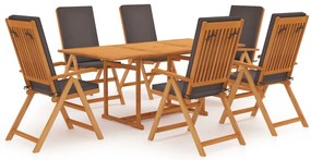 vidaXL Σετ Τραπεζαρίας Κήπου 7 Τεμ. Μασίφ Ξύλο Teak με Γκρι Μαξιλάρια