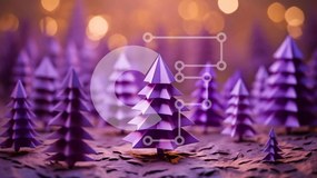 Intra Συλλεκτικό Ξύλινο Παζλ Plywood  4mm - Μωβ χριστουγεννιάτικα δέντρα Origami στα φώτα Bokeh Σε Ξύλινο Κουτί - Διαστάσεις Puzzle: 10x10 cm – 25 κομμάτια