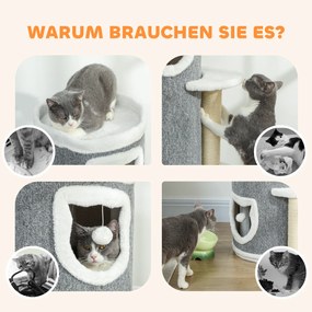 Πύργος Γάτας 101 cm, 3 Επίπεδα, 3 Υπνοδωμάτια, Μπάλες Παιχνιδιού, Στύλοι Ξυσίματος, Σιζάλ, Πάνελ Μοριοσανίδας, Γκρι