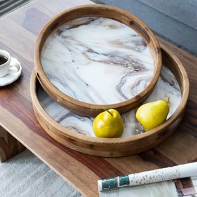 Artekko Trays Διακοσμητικός Δίσκος Ξύλινος με Εφέ Μαρμάρου Λευκό Καφέ (52x11x51)cm Σετ/2